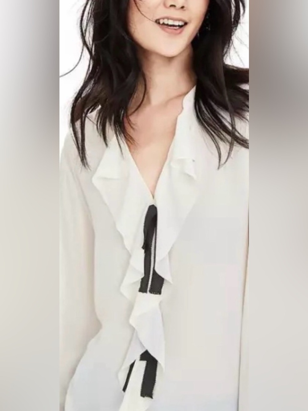 Banana Republic Ivory Ruffle-Front Long Sleeve Blouse with Black Trim
